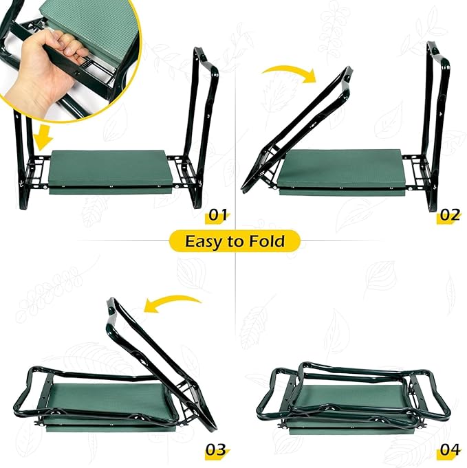 MaxWorks 51033 Folding Garden Kneeler Stool with 8 inch Wide Kneeling Pad, with 1 Tools Pouch for Planting and Gardening