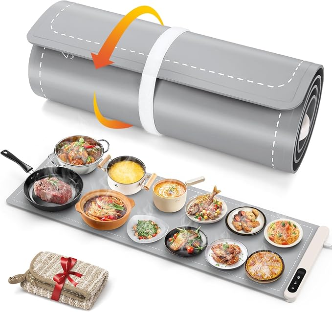FYY Extra Long Warming Mat for Food - Rapid and Full Surface Heating, 6 Temp Settings, 6H Timer, Rollable Portable Food Warming Mat for Gatherings, Parties, Keep Meal Warm (XXX Large Size, Gray)