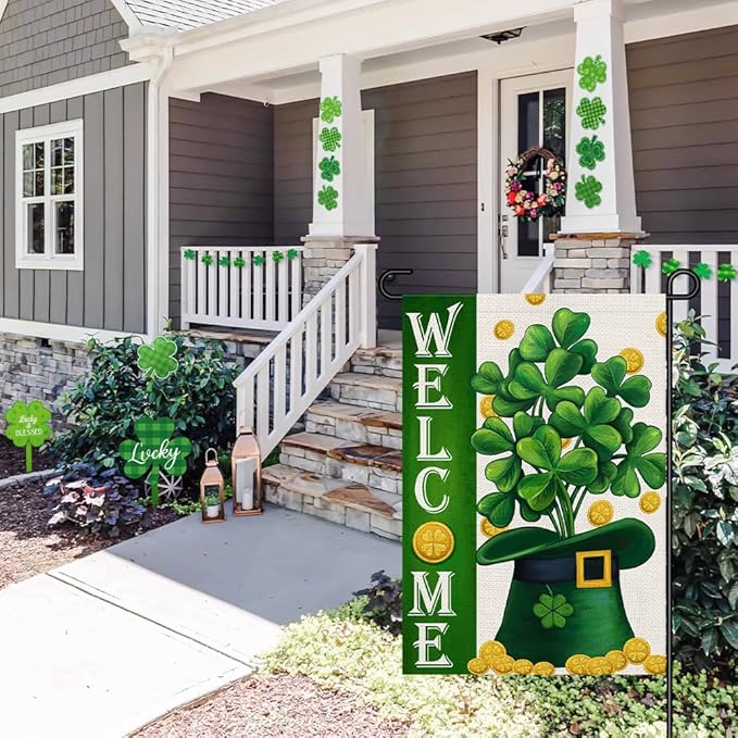 Welcome St Patricks Day Garden Flags Burlap 12x18 Double Sided, Green Hat Lucky Shamrocks Gold Coin Holiday Party Sign Small Flag Yard Outdoor Decor DF658
