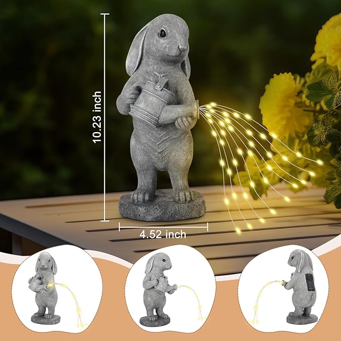Garden Statues Dog Statue with Solar LED Light, Ideal Gifts for Friends or Family's Birthday, Outdoor Decorations for Yard (Water-Sprinking Rabbit)