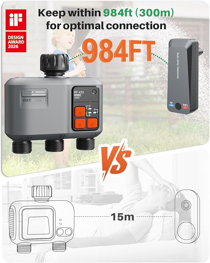WiFi Sprinkler Timer 3 Zone with 984 Feet RF Gateway, 3 Outlet Smart Water Timer for Garden Hose with Rain Delay/Manual/Automatic,WiFi Water Hose Timers for Garden & Lawns