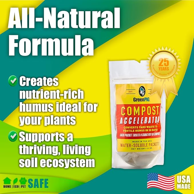 GREEN PIG Compost Accelerator Converts Yard Waste to Fertile Humus in 30 Days and Helps Control Odors Associated with Compost Piles, 1 Bag (12 Dissolvable Packets)