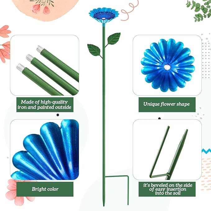 Tandefio 1 Pcs Bee Bath Watering Station, 25 x 2.6 Inch, Metal Flower Bee Feeder for Garden, Colorful Butterfly Feeder & Outdoor Pollinator Station for Birds, Bees & Butterflies(Blue)