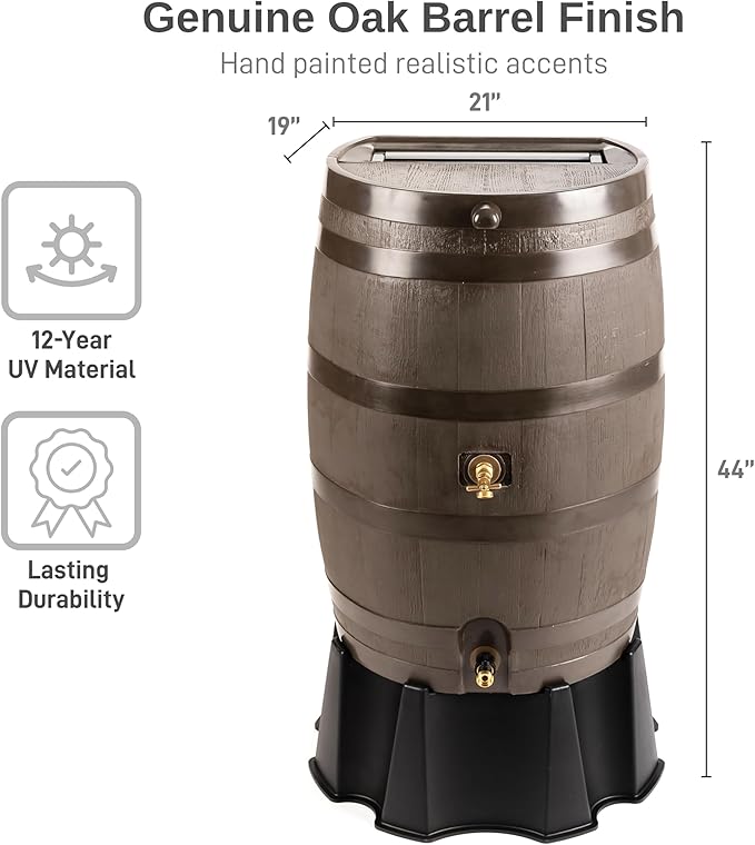 RTS Home Accents 50-Gallon Dual Spigot Rain Barrel, Flat Back Rain Water Collection Barrel, Stand Included, Walnut Color