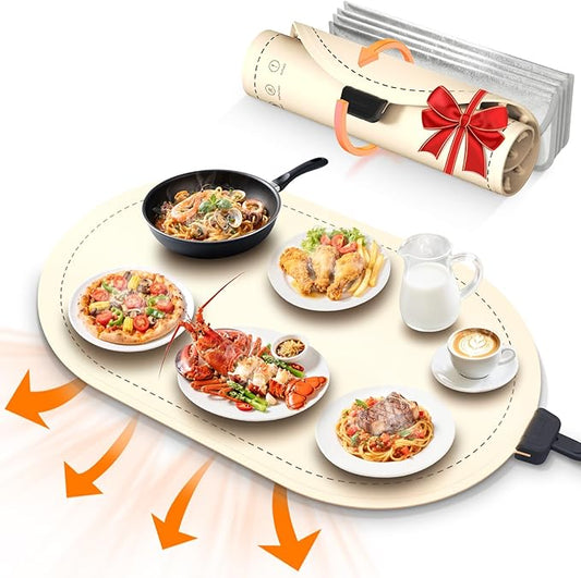 Warming Mat for Food,Temperature Adjustable Food Warmers for Parties Buffet with Timer,Silicone Food Warming Trays with Heat Proof Base,Roll Up Food Heating Mat for Home & Travel(Beige)