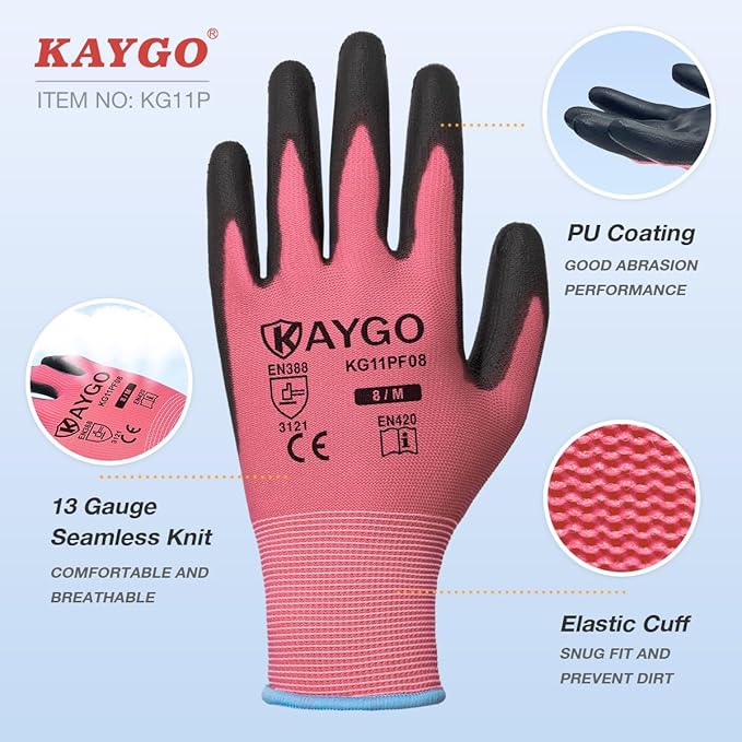 KAYGO Work Gloves for Men and Women,12 Pairs Seamless Knit PU Coated Safety Gloves, with Smooth Grip on Palm and Fingers, Ideal for Light Warehouse, Manufacturing, Gardening, KG11P (L,Pink)