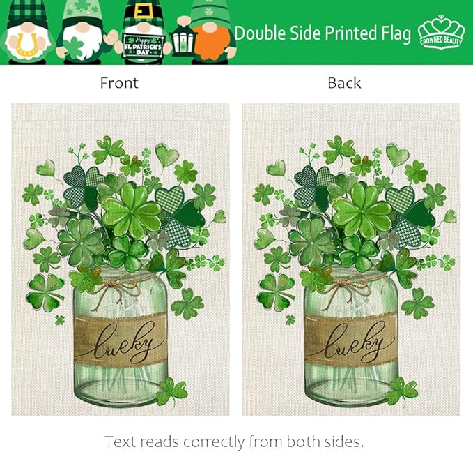 CROWNED BEAUTY St Patricks Day House Flag 28x40 Inch Double Sided for Outside Big Burlap Green Shamrocks Clovers Mason Jar Lucky Welcome Yard Holiday Flag CF727-40