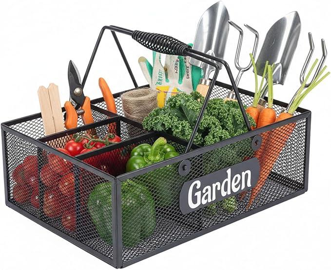 Garden Tool Storage, 4 Compartments Metal Mesh Garden Caddy, Portable Garden Basket with Handles, Gardening Tool Organizer for Indoor and Outdoor, Gardener Gift for Gardening Lovers, Black