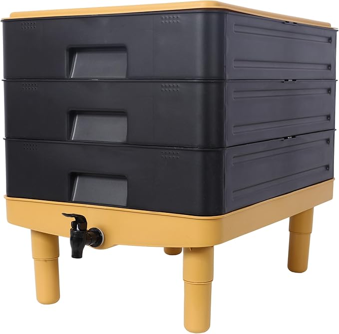 3-Layer Worm Bin with Worm Farm Kit, 65L Worm Composter Indoor & Outdoor with A Tap for Recycling Food Waste, Worm Castings, Easy Setup (Yellow+Black, 3-Layer)