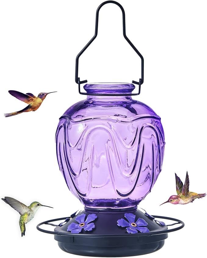 Glass Hummingbird Feeder for Outdoors Hanging,24Ozs Humming Bird Nectar Feeder w/Perch,5 Flower Feeding Ports,Leak Proof Base and Hook for Outside Garden Backyard Decor, Gifts for Women Mom,Purple