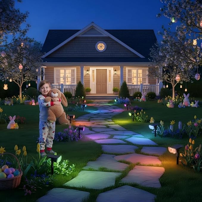 Linkind Solar Lights Outdoor Waterproof IP65, StarRay RGB Solar Spot Lights Outdoor, Color Changing Outdoor Solar Lights for Yard, Garden, Pathway, Easter Decor (Multicolor, 4 Pack)