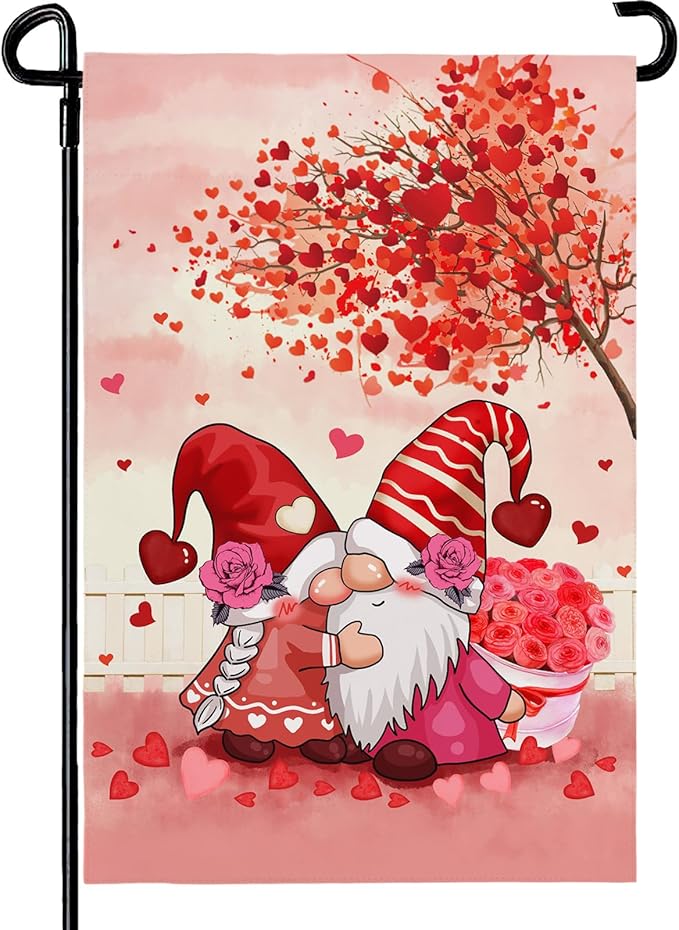 Gnomes Kiss Garden Flag 12 x 18 Inch Double Sided Valentine's Day Red Hearts Burlap Yard Flags Holiday Love Kiss Small Outdoor Flag Garden Decoration