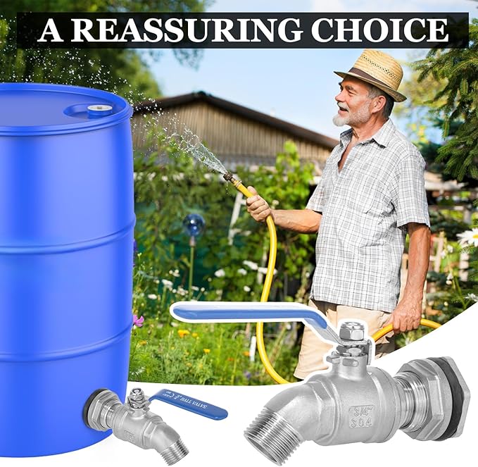 Rain Barrel Spigot Kit High Flow Water Barrel Faucet 3/4"NPT to 3/4"GHT 304 Lead-Free Compliant Stainless Steel Faucet for Rain Barrels,Rain Barrel Quarter Turn Spigot with Bulkhead Fitting