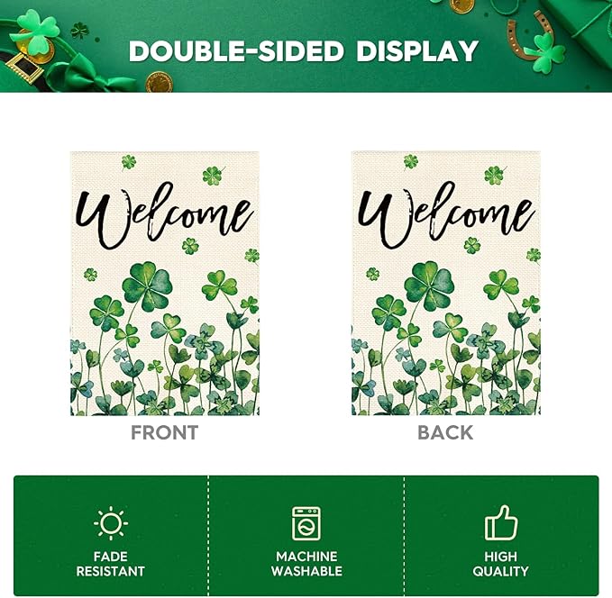 AVOIN colorlife St Patricks Day House Flag 28x40 Inch Double Sided Outside, Shamrocks Four-leaf Clovers Welcome Yard Outdoor Flag
