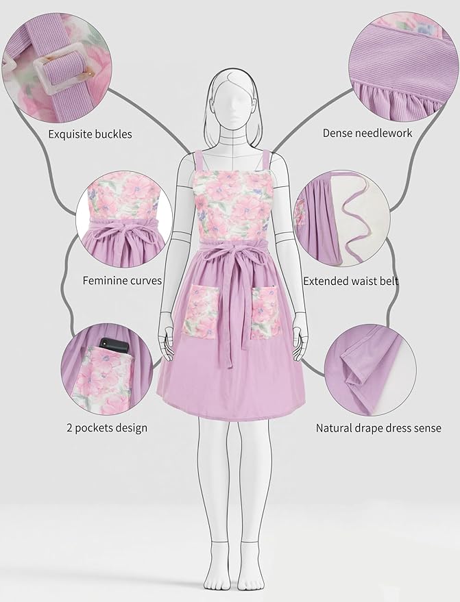 Vintage Pinafore Apron Dress for Women with Pockets Cute Floral Chef Aprons for Kitchen Cooking Baking Gardening