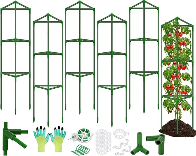 6 Pack Green Triangular Tomato Cages for Garden, Heavy Duty Fiberglass Plant Cages with Adjustable Support, Easy Assembly, Stable Structure