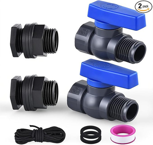2 Pack 3/4 Inch Rain Barrel Spigot Kit, PVC Garden Hose Shut Off Valve with Bulkhead Fitting, Rain Barrel Diverter Kit for Water Tanks, Aquariums, Garden Barrel