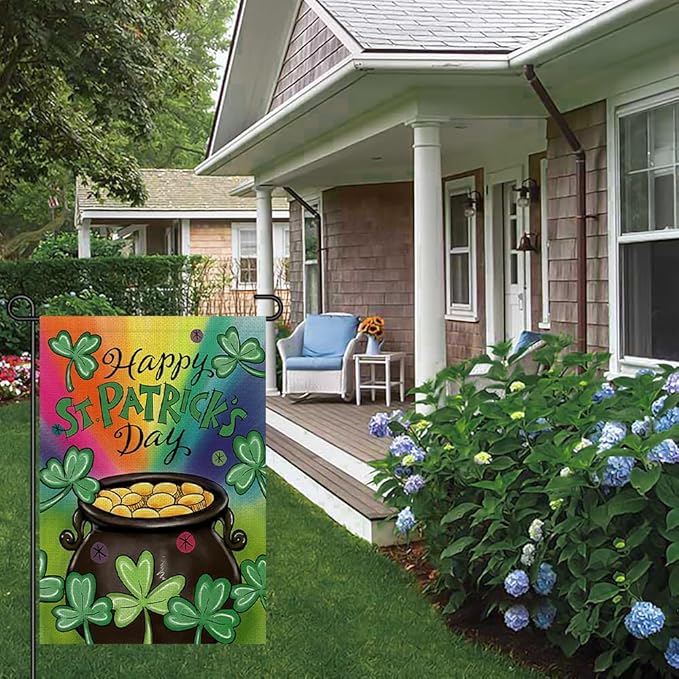 Happy St Patrick's Day Garden Flag 12x18 Inch Double Sided Burlap, Green Lucky Clovers Shamrock Gold Coin Sign for Farmhouse Yard Outdoor Decor DF430