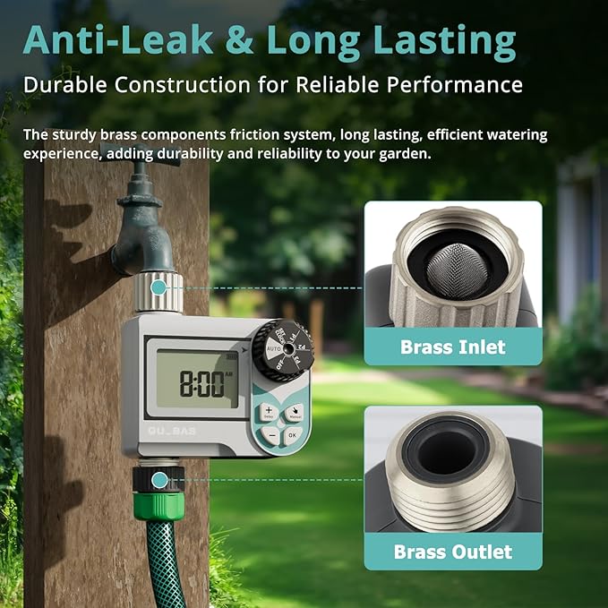 QUOBAS Low Pressure Water Timer, Weekly Programmable Sprinkler Timer with Brass Inlet & Outlet for Rain Barrel, Garden Hose, with Ball Valve & Waterproof Screen, Rain Delay/Manual/Auto Modes