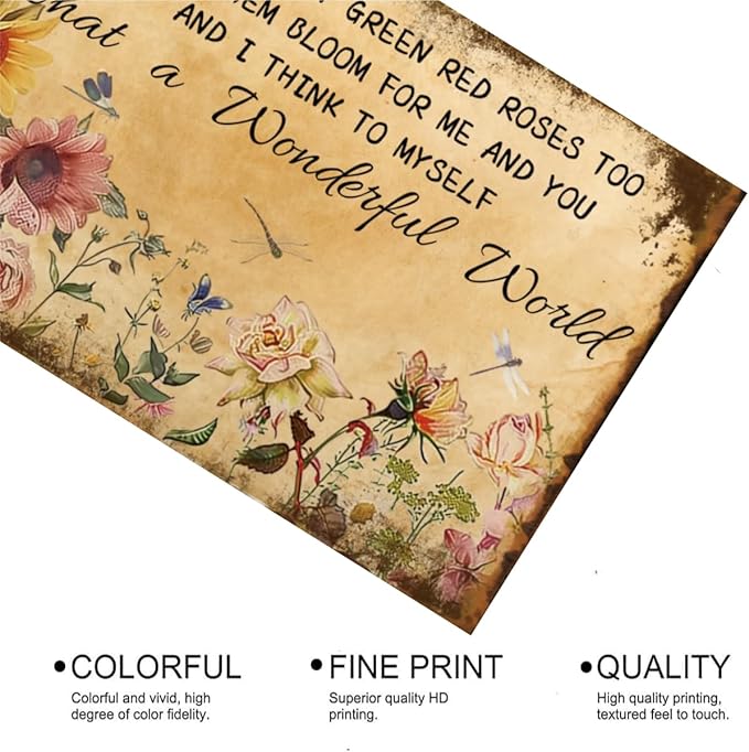 EMOHAT Vintage Garden Signs Flower Tin Sign And I Think To Myself What A Wonderful World Flowers See Trees Of Green Red Roses Too Metal Tin Signs Yard Bedroom Kitchen Home Art Wall Decor 8x12 Inch