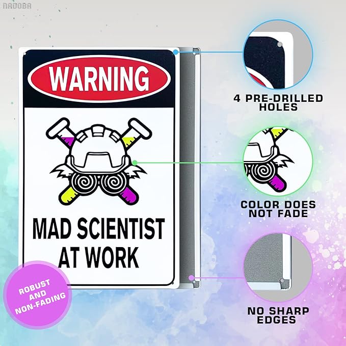 Mad Scientist Wall Decor Science Poster - 8x12" Mad Scientist At Work Warning Sign Science Gifts Mad Scientist Decor Chemistry Poster Wall Art Decor Metal Tin Sign - Aluminum Sign Science Posters