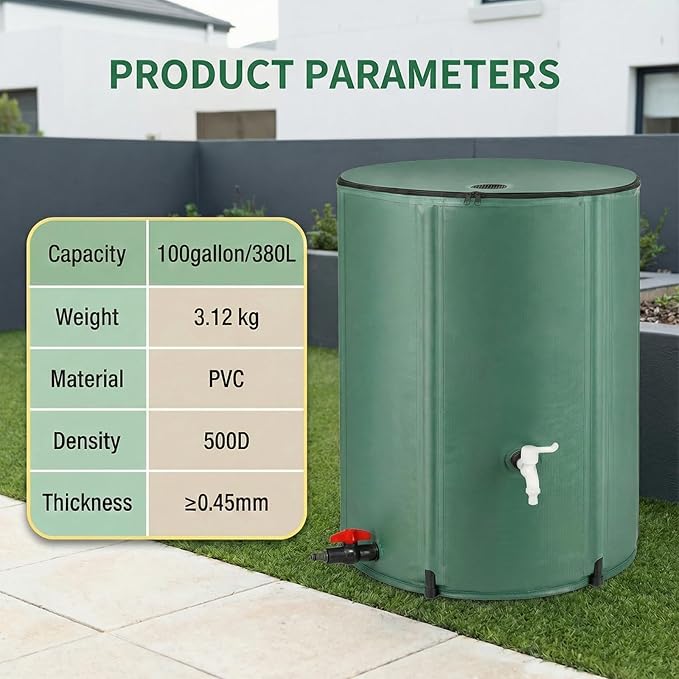 100 Gallon/380L Collapsible Rain Barrel, Foldable PVC Rain Barrels with Spigots, Top Mesh Overflow Valve, Suitable for Collect Rainwater from Gutter for Garden Lawn, Cleaning Floors