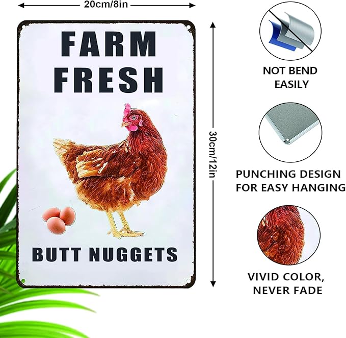Farm Fresh Butt Nuggets Chicken Sign,Funny Chicken Coop Sign,Chicken Metal Signs,Chicken Tin Sign for Farm Chicken Coop Kicthen Garden Decor 8x12in