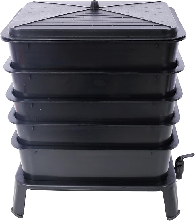 5-Layer Worm Bin with Worm Farm Kit, 50L Worm Composter Indoor & Outdoor with A Tap for Recycling Food Waste, Worm Castings, Easy Setup (Black, 5-Layer)