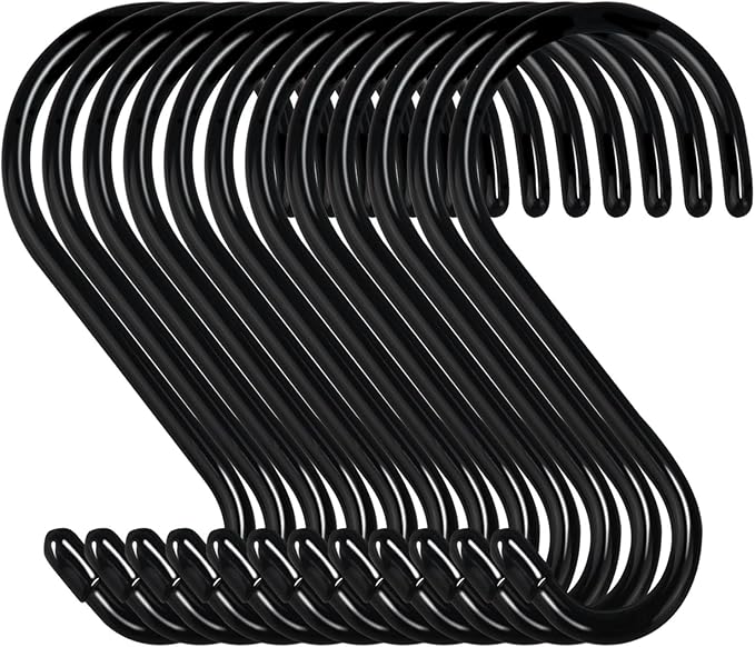 4 Inch 12 Pack S Hooks - Heavy Duty, Large Rubber Coated Black Non Slip Metal Hooks for Closet, Garden, Jeans, Plants, Jewelry, Pot, Pan, Cups, Towels