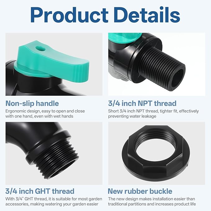 Rain Barrel Spigot Kit Plastic High Flow Rain Barrel Faucet 3/4" NPT to 3/4" GHT Barrel Valve No Inside Access Needed for Outdoor Plastic Bucket Rainwater Drums Garden