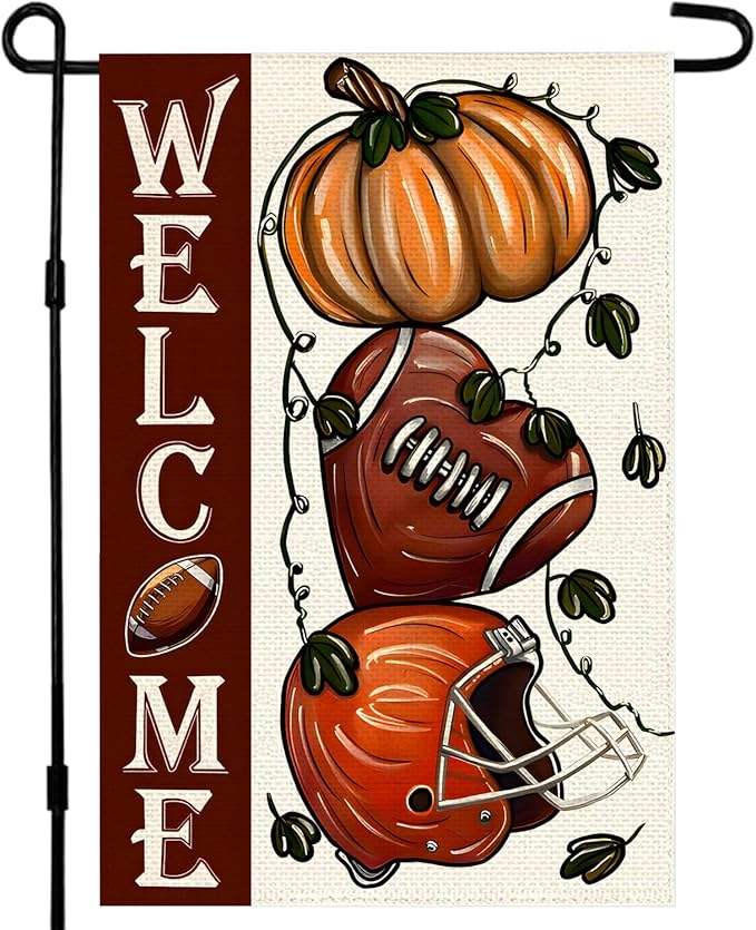 Thanksgiving Garden Flag 12x18 Inch Small Double Sided, Fall Pumpink Football Welcome Yard Outdoor Decorative Autumn Flag