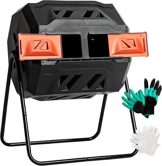 Idzo Dual Chamber Rotating Composter Tumbler Outdoor, Compost Bin Outdoor Garden with Efficient Aeration System for Easy & Quick Composting, Space-Saving Rotating Compost Bin Prevents Odor & Rodents
