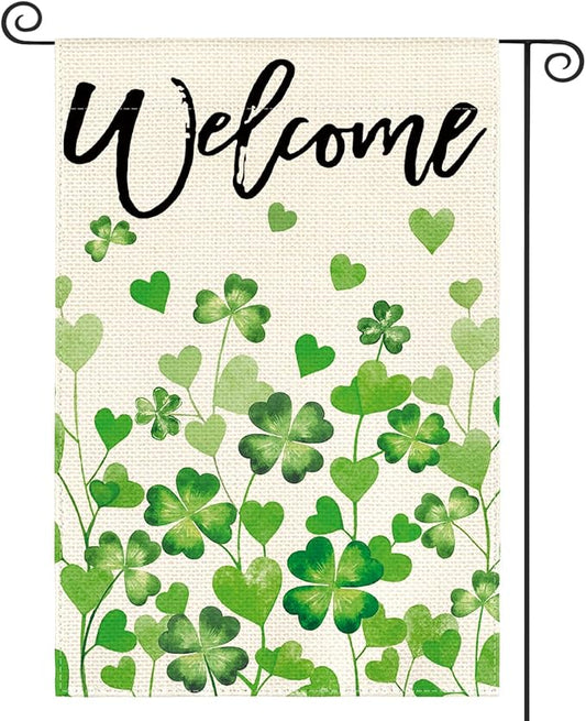 AVOIN colorlife St Patricks Day Welcome Garden Flag 12x18 Inch Double Sided Outside, Shamrocks Clovers Floral Yard Outdoor Decoration