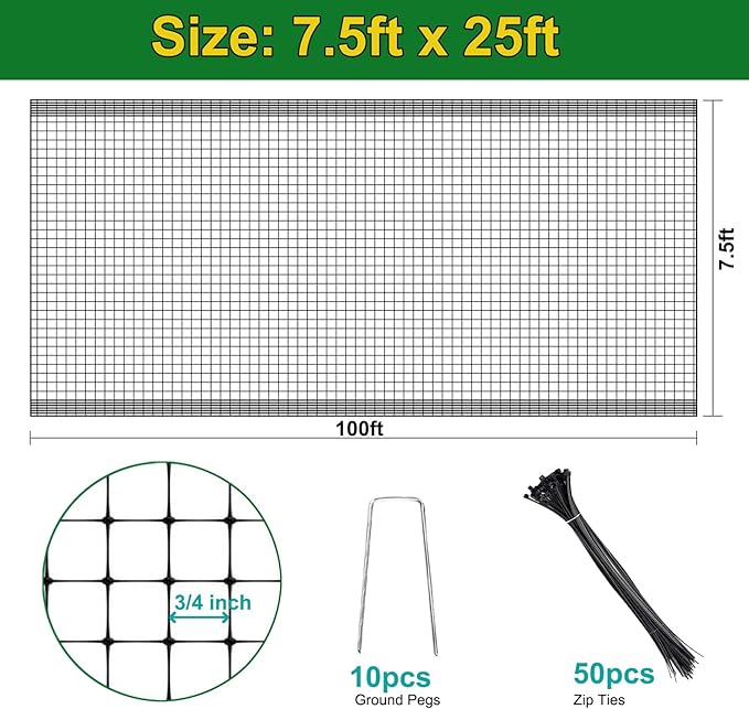 KLEWEE Bird Netting, 7.5 x 25 FT Heavy Plastic Duty Garden Netting to Protect Fruit Trees, Plants and Vegetables Against Birds, Deer, Squirrels and Other Animals