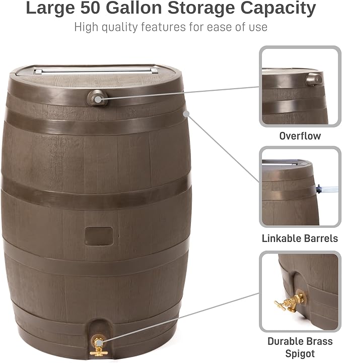 RTS Home Accents 50-Gallon Rain Barrel with Brass Spigot, Flat Back Rain Water Collection Barrel, Walnut Color