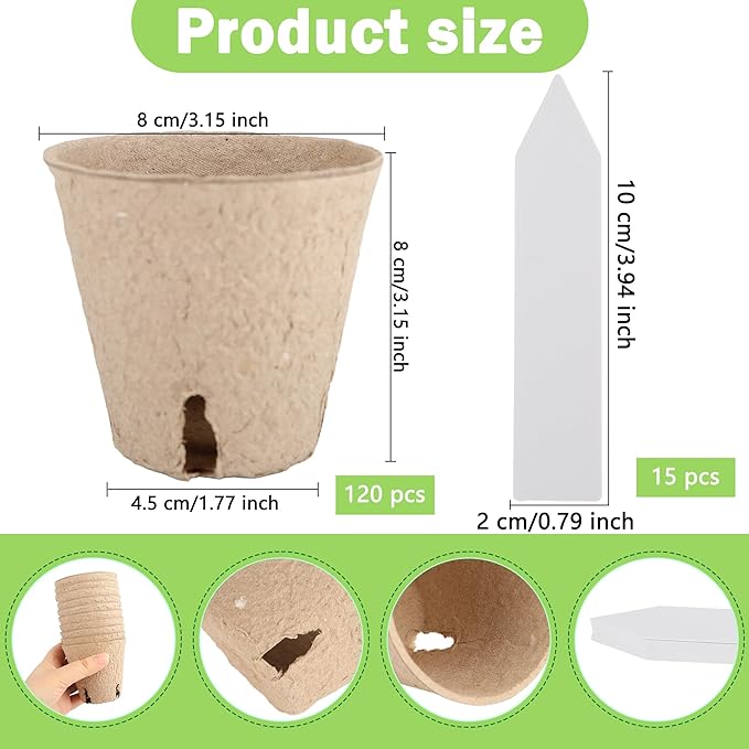120 Packs 3.15 Inches Seed Starting Pots Biodegradable Drainage Holes Round Nursery Pot with 15 Planting Labels Small Seed Starter Tray Bulk Garden Germination Container for Herb Seed Starter