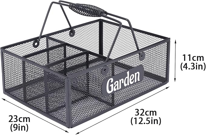 Garden Tool Storage, 4 Compartments Metal Mesh Garden Caddy, Portable Garden Basket with Handles, Gardening Tool Organizer for Indoor and Outdoor, Gardener Gift for Gardening Lovers, Black