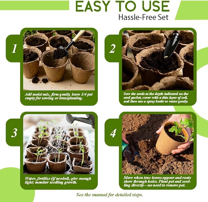 Peat Pots 132 Pcs 4 inch, Biodegradable Compostable Plant Seed Starter Pots Paper Potting Cups for Seedlings Planting Seeds, Thickened with Drainage Holes Includes Tools and 132 Plant Tags