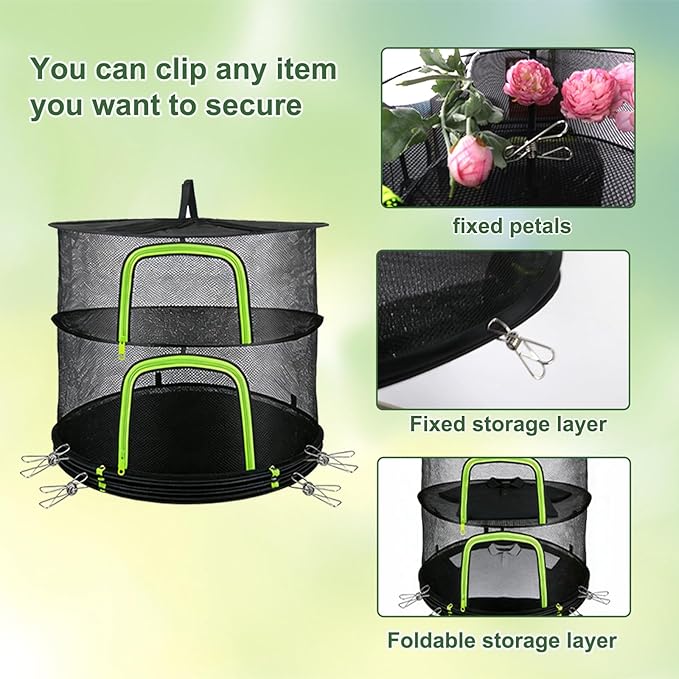 4 Layer Herb Drying Rack, Hanging Mesh Net, Foldable Plant Drying Rack With U-Shaped Zipper, Garden Trimming Shears and Hooks, For Drying Herbs Plants, Fruits, Seafood, Clothing(4 Layers-23.62'')