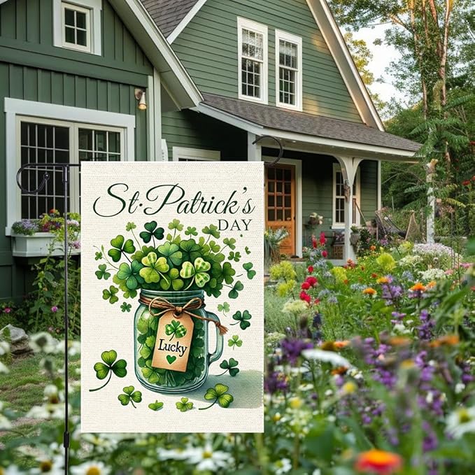 Welcome Lucky Clover St Patricks Day Garden Flag 12x18 Inch Double Sided Burlap, Mason Jar Yard Lawn Outdoor Irish Clover Seasonal Holiday Flags Decorations