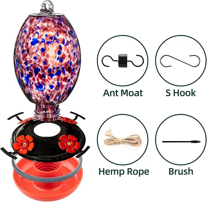 Muse Garden Glass Humming Bird Feeders for Outdoors - 27OZ Blown Glass Hummingbird Feeder - Unique Gift Mom Women Grandparents, Outdoors Hanging Garden Decor, Includes Ant Moat & Brush, Purple