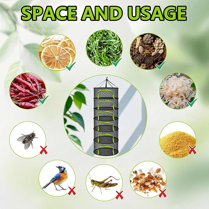 6 Layer Drying Rack Hanging Mesh, Zippered Herb Drying Rack, with Gloves, Garden Pruning Shear, Hook & Carabiner Clip for Drying Herbs, Plants, Seeds, Buds