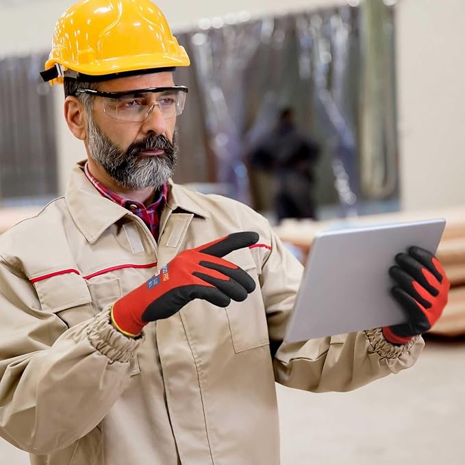 KAYGO Work Gloves PU Coated for Men and Women, 12 Pairs Safety Work Gloves with Two Fingers Touchscreen, Breathable and Lightweight,Ideal for Light Warehouse, Manufacturing, Gardening, KG11P (S, Red)