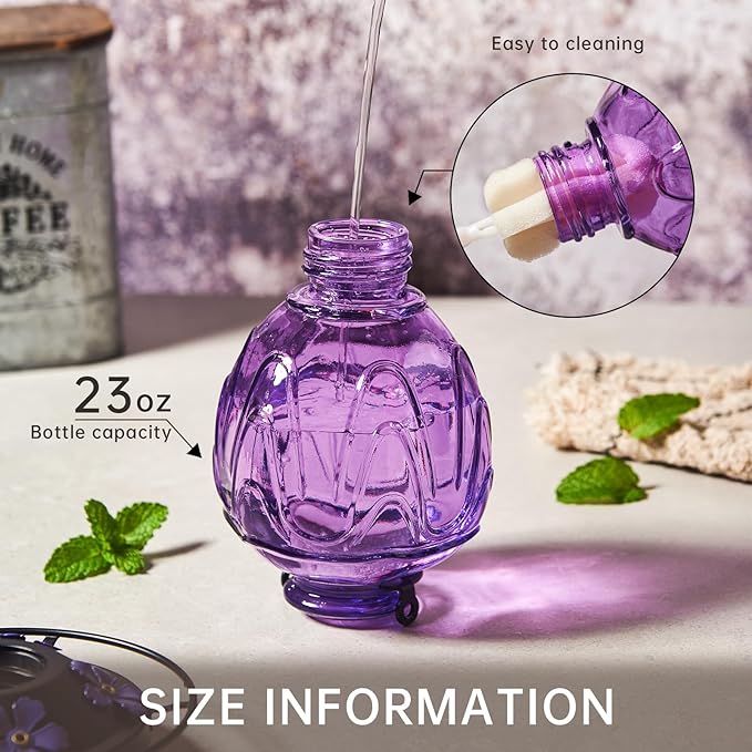 Glass Hummingbird Feeder for Outdoors Hanging,24Ozs Humming Bird Nectar Feeder w/Perch,5 Flower Feeding Ports,Leak Proof Base and Hook for Outside Garden Backyard Decor, Gifts for Women Mom,Purple