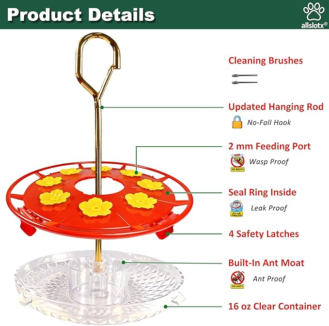 Hummingbird Feeders for Outdoors Hanging (2 Pack) - 8 Ports 16 oz Nectar Capacity, Ant Wasp Bee Proof, Leak-Proof with Sealing Ring, Reinforced Hanging Hook, Easy to Clean by Includes Cleaning Brushes
