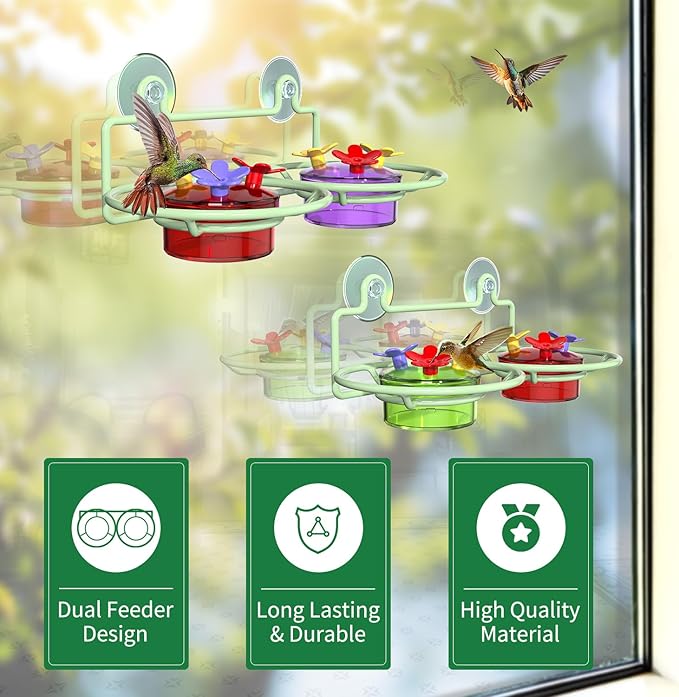 2 Pack Window Hummingbird Feeder, Small Hummingbird Feeder for Outdoors with Strong Suction Cup - Metal Base & 6 Feeding Ports, Easy to Clean and Refill, Green