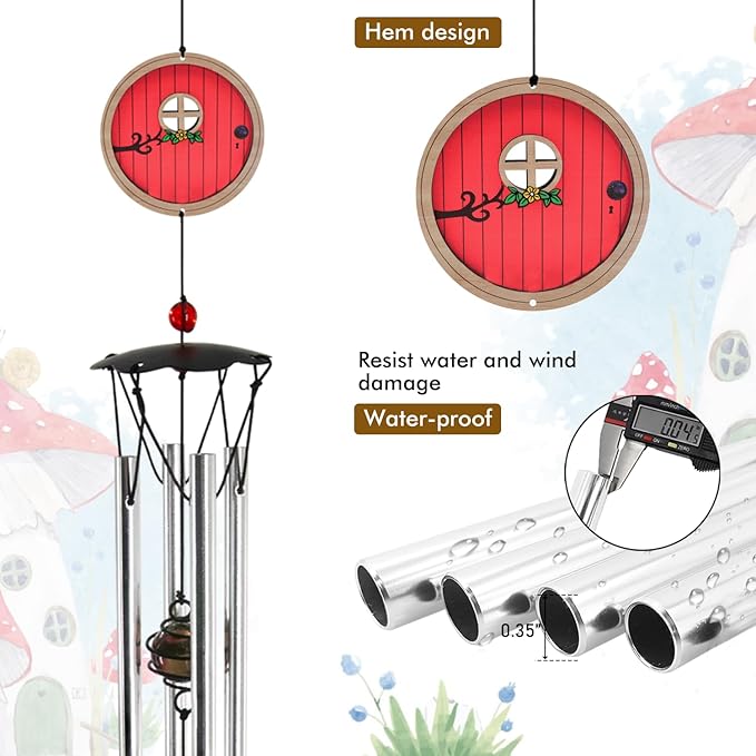 Wind Chimes for Outside 24" Red Fairy Garden Door Wind Chimes Outdoor Home Patio Garden Decor Windchimes Outdoors Gift Ideas for Women Mom Grandma Sisters