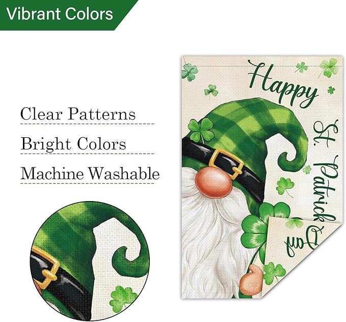 Louise Maelys St Patrick's Day Garden Flag Gnome Shamrock Clover Plaid 12x18 Inch Double Sided Small Burlap Welcome Saint Patricks Spring Holiday Yard Outdoor Sign Outside House Decor