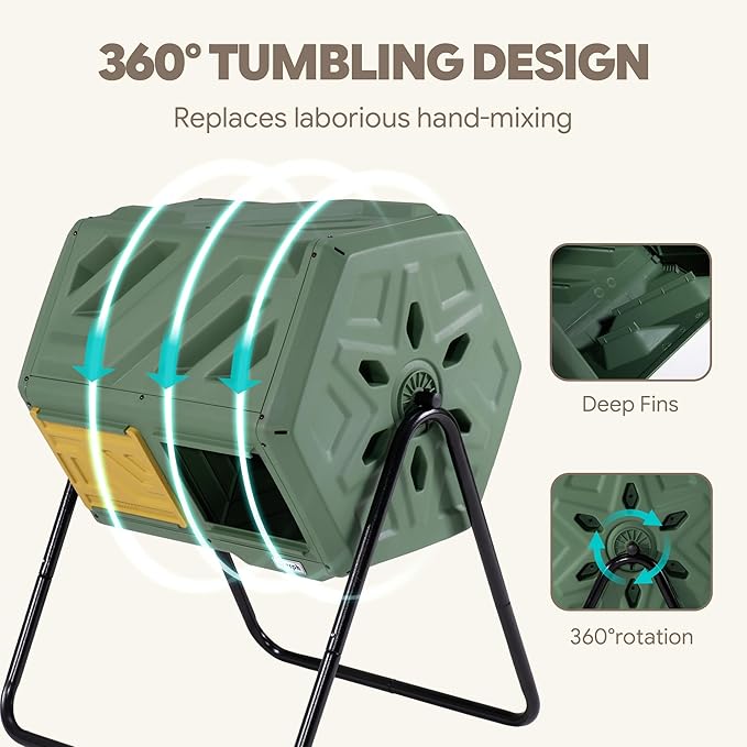 Updated 43 Gallon Dual-Chamber Compost Bin, Fast Assembly Outdoor Compost Tumbler, Rotating Batch Composter Bin with Gloves for Garden, Kitchen, and Yard