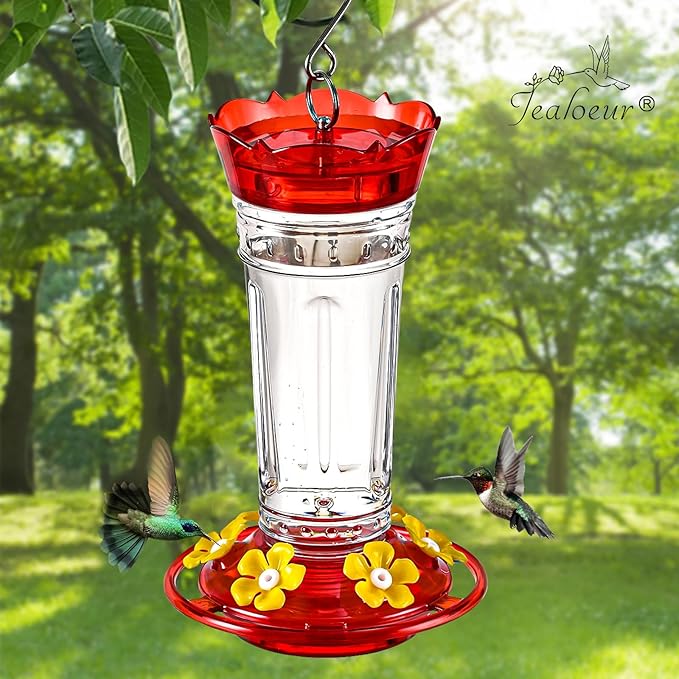 Hummingbird Feeder for Outdoors Hanging, 18 OZ Humming Birds Feeders with 6 Bee Guard Feeding Ports & Built-in Ant Moat, Easy to Clean, Durable Outdoor Garden Decor(Clear B 1 Pack)